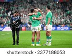 Small photo of Hugo Keenan Bundellu Bundee Aki and Gerard Conor Murray during the World Cup RWC XV rugby union match South Africa (Springboks) VS Ireland on September 23, 2023 at Stade de France in Paris.