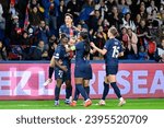 Small photo of Elisa De Almeida and PSG team players celebrate a goal celebrate a goal during the Women's Champions League football match PSG VS Manchester United in Paris, France on October 18, 2023.