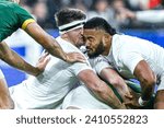 Small photo of Tom Curry and Manu Tuilagi clash (collide shock hit their heads) during the Rugby World Cup match England VS South Africa Springboks at Stade de France in Paris on October 21, 2023.