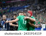 Small photo of Joshua Josh van der Flier Bundee Aki and Garry Ringrose celebrate a try during the Rugby union World Cup match Ireland VS Scotland at Stade de France in Saint-Denis near Paris on October 7, 2023.
