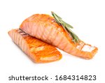 Cooked salmon fillet on white...