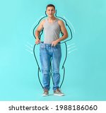 Surprised young man after weight loss on color background