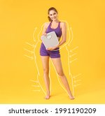 Beautiful young woman with measuring scales after weight loss on color background