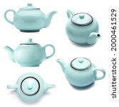 Set Of Blue Teapot On White...