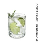 Small photo of Glass of cold gin and tonic on white background