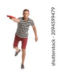Small photo of Young man throwing frisbee on white background
