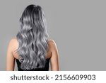 Small photo of Beautiful young woman with dyed hair on grey background, back view
