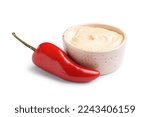 Small photo of Bowl of tasty chipotle sauce and fresh jalapeno pepper on white background