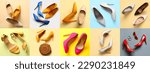 Small photo of Collage with stylish high heeled shoes on color background
