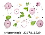Composition with fresh onion slices and spices on white background