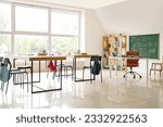 Interior of classroom with desks