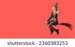 Small photo of Witch flying on broom against red background with space for text