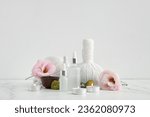 Set of spa supplies on white background