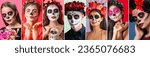 Collage of people with painted skulls on faces. Celebration of Mexico