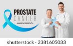 Small photo of Man and doctor with light blue ribbon on grey background. November is a Prostate Cancer Awareness Month