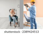 Small photo of Mature woman suffering from loud neighbour with drill at home