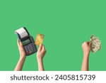 Female hands with credit card, payment terminal and money on green background