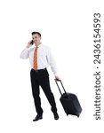 Small photo of Handsome steward with suitcase talking by mobile phone on white background