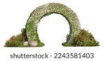 Small photo of Cut out stone arch covered with ivy. Entrance gate isolated on white background. Stone archway for landscaping or garden design.