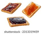 Small photo of set of bread toasts with different types of jam isolated on white background