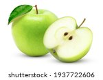 Green apple with green leaf and ...