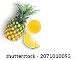 Small photo of Pineapple jam in glass jar and fresh pineapple fruit isolated on white background. Top view. Flat lay.