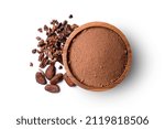 Small photo of Cocoa powder in wooden bowl with cacao beans and cocoa nibs isolated on white background. Top view. Flat lay.