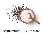Natural sea salt and black pepper (peppercorns) isolated on white background, top view, flat lay.