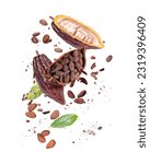 Small photo of Cocoa fruit, cacao beans with cocoa nibs and chocolate powder flying in the air isolated on white background.