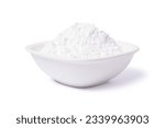 Small photo of White flour in ceramic bowl isolated on white background with clipping path.