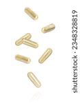 Small photo of Brown powder herbal medicine capsule flying in the air isolated on white background.