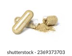 Maca powder and herbal medicine capsule isolated on white background. 