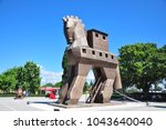 Small photo of Trojan horse, the horse this caused intrigue of Odysseus. In the attack on the city, Troy, with Fort strong, after protracted battle for 10 years. Troy city, Turkey. 10 June 2017.