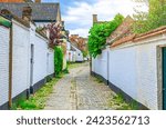 Small photo of Ludovic Beguinage House Begijnenhuis Ludovicus with white brick walls and narrow street in Beguine city Old St Elizabeth in Ghent city historical center, Gent old town, Belgium