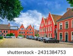 Small photo of Ghent, Belgium, July 6, 2023: Old flemish houses with stepped gables in Beguine city St Elizabeth Beguinage Begijnhof Sint-Elisabeth in Ghent city historical center, Gent old town, Flemish Region