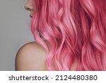 Close-up of the wavy pink hair of a young woman isolated on a gray background. Result of coloring, highlighting, perming. Beauty and fashion