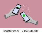 Two hands holding mobile phones transferring funds between accounts isolated on a pink background. Money transfer using an electronic wallet. 3d trendy collage. Contemporary art. Modern design