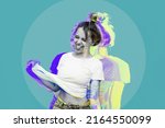 Small photo of A young caucasian ridiculous woman shows tongue grimacing and pulling up her white t-shirt isolated on a teal blue color background. Trendy abstact collage in magazine style. Modern contemporary art