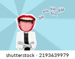 Small photo of Young business woman headed by wide open mouth shows tongue with text bla bla on blue color background. Trendy collage in magazine style. Contemporary art. Modern design. Gossip girl, rumors, chatter