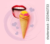 Small photo of Woman's big wide open mouth with red lips licking fruit ice-cream sorbet in a waffle cone with tongue isolated on a pink background. Trendy collage in magazine style. Contemporary art. Modern design