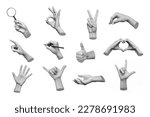 Set of 3d hands showing gestures as ok, peace, thumb up, point to object, shaka, rock, holding magnifying glass, writing isolated on white background. Contemporary art, creative collage. Modern design