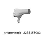 Small photo of Female hand showing the thumb down gesture isolated on a white background. Negative hand sign. Finger down. 3d trendy collage in magazine urban style. Contemporary art. Modern design