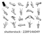 Set of 3d hands showing gestures ok, peace, thumb up, dislike, point to object, shaka, rock, holding magnifying glass, writing on white background. Contemporary art, creative collage. Modern design