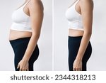Small photo of Two shots of a woman in profile with a belly with excess fat and toned slim stomach before and after losing weight on gray background. Result of diet, liposuction, training. Getting rid of overweight