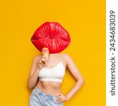 Small photo of Young woman headed by huge kissing red lips with a bow holding fruit ice-cream sorbet in a waffle cone on yellow color background. Art trendy creative collage. Contemporary art. Modern design