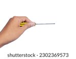 ็Hand holding screwdriver isolated on white background