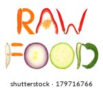 Raw food word written with letters formed from vegetables