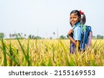 Small photo of happy smiling school girl kid looking camera while standing at paddy field in unifrom showing with copy space - concept confident, education and back to school.