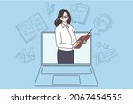 smiling woman teacher on laptop ... | Shutterstock .eps vector #2067454553