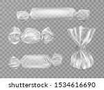 Transparent candy wrappers set isolated on grey background. Limpid blank package for lollipops, chocolate and truffle sweets. production design elements. Realistic 3d vector illustration, clip art